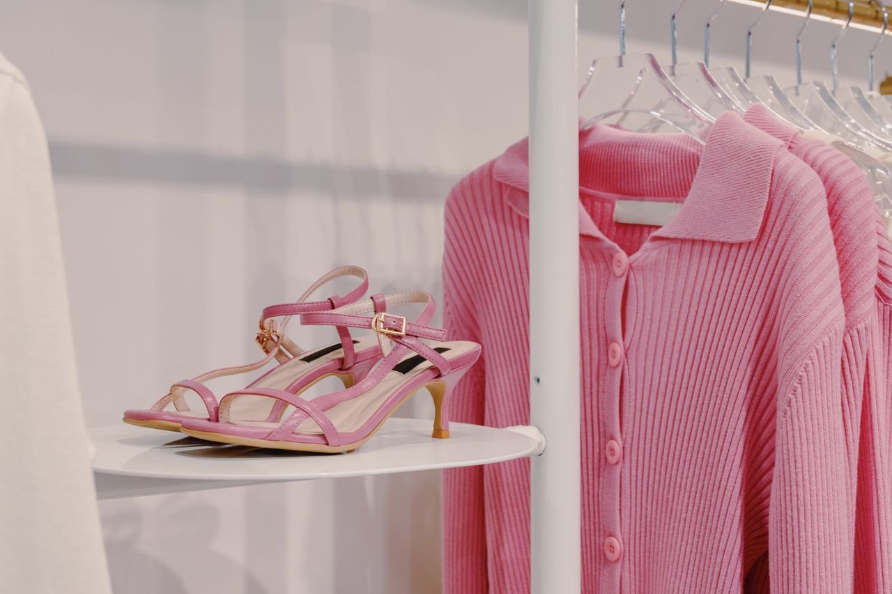 Services Elegant pink sandals and a knit sweater displayed on a shelf in a fashion boutique.